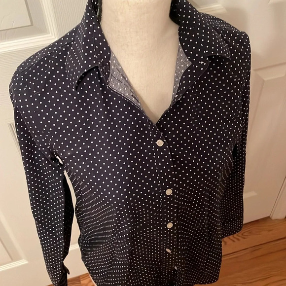 Lauren Ralph Lauren 100% Cotton Button-up Collared Navy White Dot Blouse Shirt - Picture 2 of 6